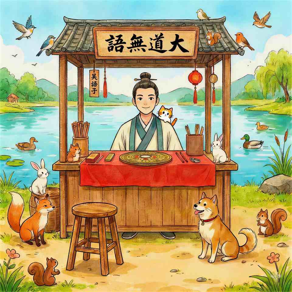 吴语子主页主视觉：湖畔仪台、吴语子与仪式化场景